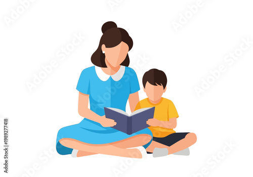 Mother and Son Reading a Book Together Flat Vector Illustration of Woman Storytelling to Child for Education and Literacy Concept