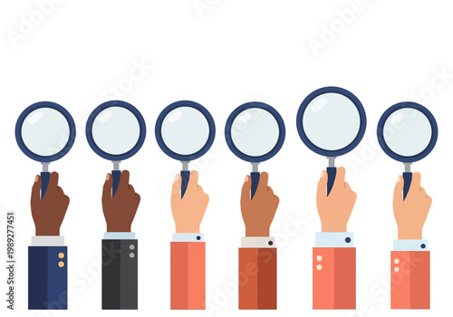 Diverse Business Team Hands Holding Magnifying Glasses for Search, Analysis, and Recruitment. Flat Vector Illustration of Investigation and Scrutiny.