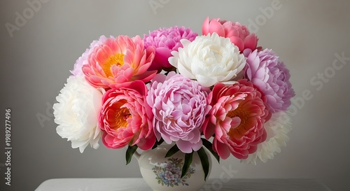 A floral arrangement featuring peonies in a vase with a soft gray background and a white surface below