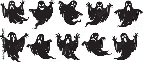 Halloween ghosts, spooky black silhouettes, creepy vector icons, ghostly figures isolated on Transparent Background