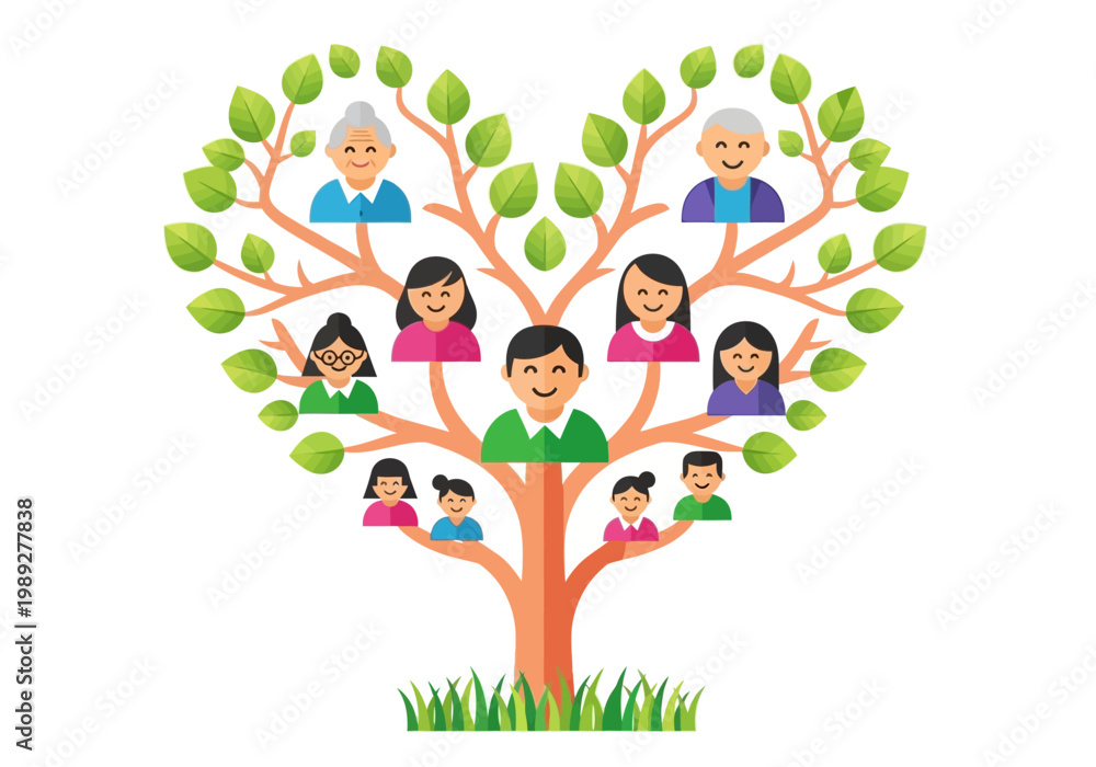 Fototapeta premium Genealogy Family Tree Illustration in Heart Shape with Avatars of Multiple Generations
