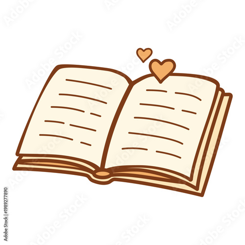 Open Book. Open book with hearts in hand‑drawn doodle style, warm tones. Perfect for reading, romance, storytelling, education, and creative illustration projects