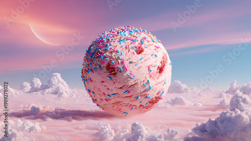 Dreamy Floating Ice Cream Planet with Sprinkles in a Surreal Pink Skyscape Fantasy Art