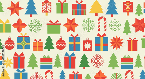 Seamless Christmas Pattern with Colorful Gift Boxes and Festive Holiday Icons