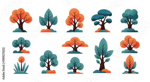 Grid of various stylized trees in autumn and evergreen colors showcasing different shapes for outdoor landscape design.