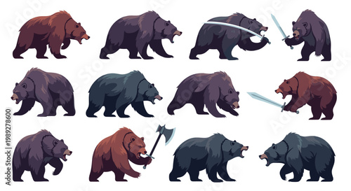 Diverse collection of brown and black bears in various poses some holding weapons like swords and axes in a fantasy style.