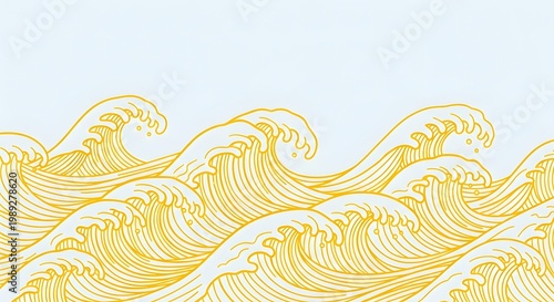 Golden Ocean Waves Artistic Illustration Seamless Pattern.
