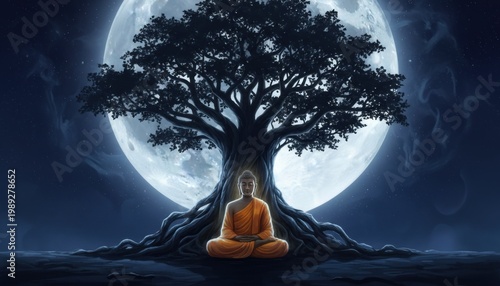 Meditating Buddhist monk under Bodhi tree at night, spiritual zen silhouette against full moon, peaceful mindfulness and enlightenment concept
