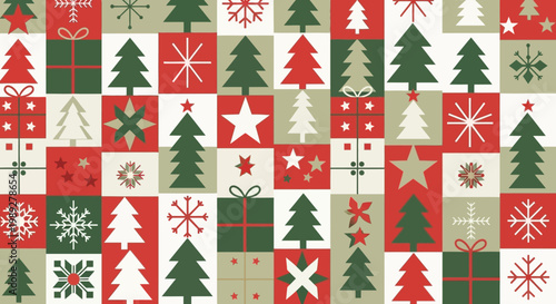 Seamless Christmas Pattern with Festive Trees and Gift Boxes