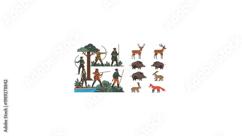Hunting Men Women Vector Set Jungle River Wildlife Scene with Trees and Animals