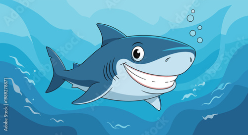Friendly blue shark swimming underwater in the deep ocean with a wide smile and bubbles in a vibrant cartoon illustration.