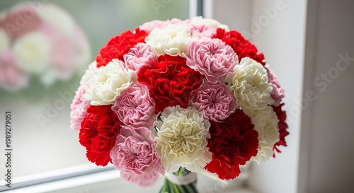 A colorful bouquet of carnations in red pink and white sitting on a windowsill in soft light