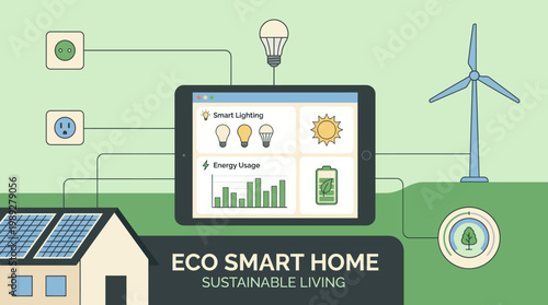 Smart Eco Home Concept: An illustrative depiction of a smart home powered by sustainable energy sources, showcasing its integration with technology and environmental consciousness.
