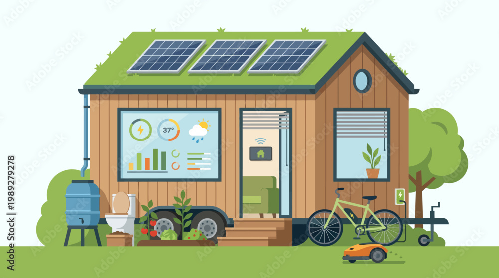 Obraz premium Tiny Home Living: A charming tiny home exemplifies sustainable living with solar panels, a green roof, and eco-friendly features, showcasing the future of compact, environmentally conscious dwellings.