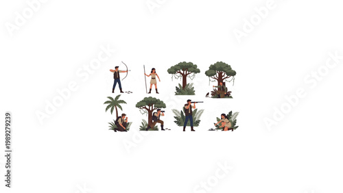 Hunting Men Women Vector Set Jungle River Scene with Trees Wildlife and Outdoor Activity