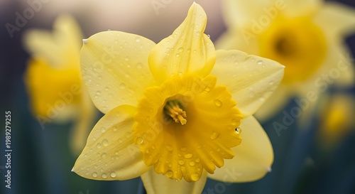 A close up of a bright yellow daffodil flower with water droplets on its petals in soft focus view