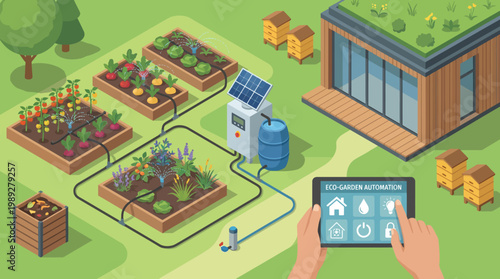 Smart Garden Harmony: A captivating illustration of a futuristic smart garden, where technology and nature blend seamlessly. A tablet controls the irrigation system and other gardening components. 