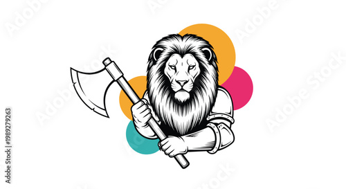 Powerful warrior lion character holding a large battle axe in a stylized black and white illustration with bright circles.