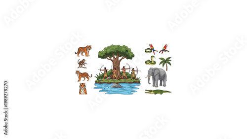 Hunting Men Women Vector Set Jungle River Wildlife Scene with Trees and Animals