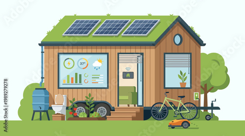 Tiny Home Living: A charming tiny home exemplifies sustainable living with solar panels, a green roof, and eco-friendly features, showcasing the future of compact, environmentally conscious dwellings.