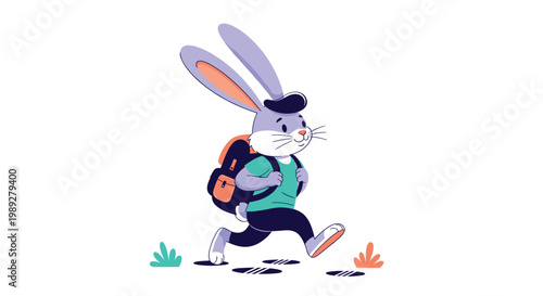 Cute purple rabbit with a blue backpack walks happily through a field, representing the excitement of starting a new school day.