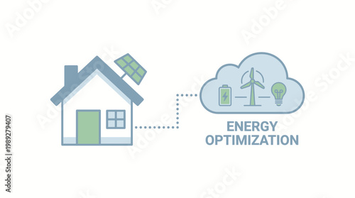 Energy Optimization for Sustainable Living: Depicting a home powered by a solar panel, seamlessly connected to a cloud of eco-friendly energy solutions such as wind turbine, battery and light bulb.