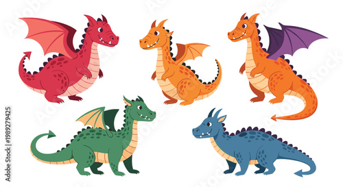 Group of colorful cartoon dragons in shades of red, orange, green, and blue pose together in this playful fantasy character collection.