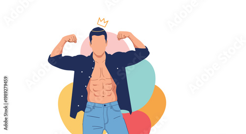 Strong man with impressive abdominal muscles flexes his arms while wearing an open navy shirt and a small gold crown on his head.