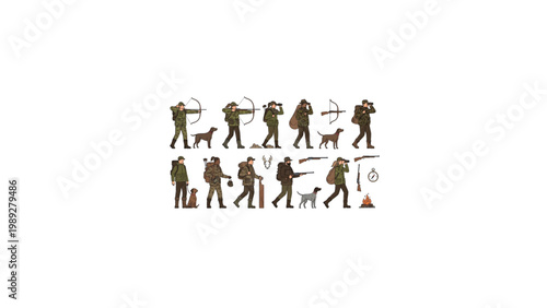 Hunting Men Women Vector Set Outdoor Wildlife Activity People Collection