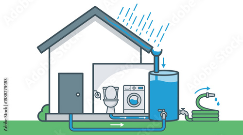 Water Conservation at Home: An illustrative portrayal of a home incorporating innovative rainwater harvesting and recycling techniques, showcasing a sustainable approach to resource management.