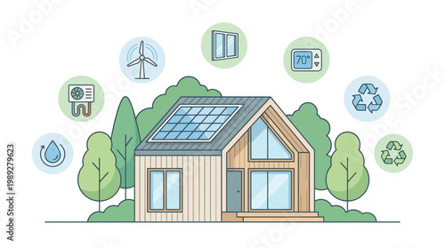 Eco-Friendly Home Concept: This illustration depicts an eco-friendly house with solar panels, wind turbines, and other elements, symbolizing sustainability and environmentally conscious living.