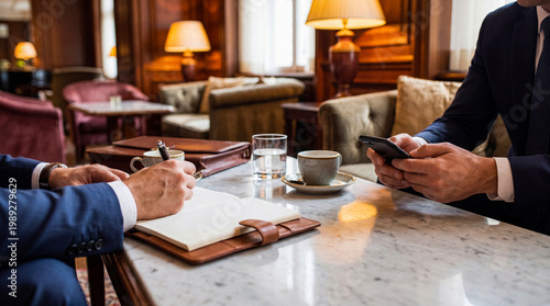 Obraz na plátne Two business executives conducting an informal meeting or discussion in a luxurious, upscale hotel lobby or lounge