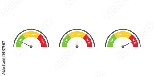vector illustration of Three semicircle gauge meters showing low, medium, and high levels. Each dial uses green, yellow, and red segments with pointers indicating different measurement statuses.