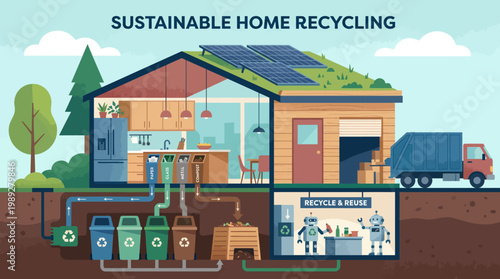 Sustainable Home Recycling: An illustrative representation of a modern, eco-conscious home demonstrating sustainable practices through recycling and green energy.
