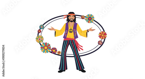 Happy hippie man with long hair and a headband wears a yellow shirt and vest, surrounded by colorful retro flowers in a 70s style.