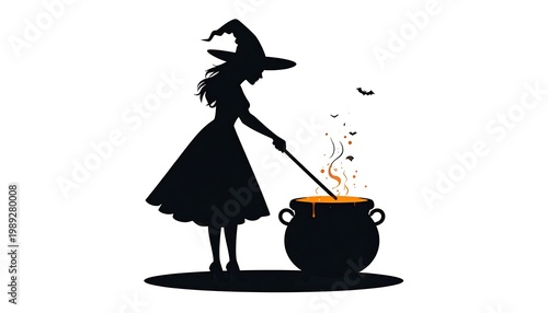 A witch stirs a bubbling cauldron with a long stick on a white background