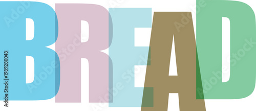 Colorful overlapping letters spelling the word BREAD isolated on a white background