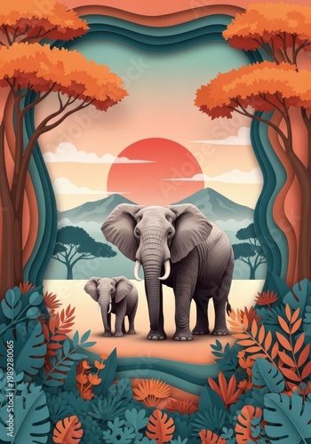 Serene African savannah landscape with elephant family at sunset