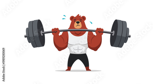 Dedicated bodybuilder bear wearing a white tank top and black shorts struggles to lift a heavy barbell during an intense gym workout.