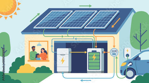 Solar Home: Depicting a modern home powered by renewable energy, this image showcases a commitment to sustainability and eco-friendliness. The house, equipped with solar panels.