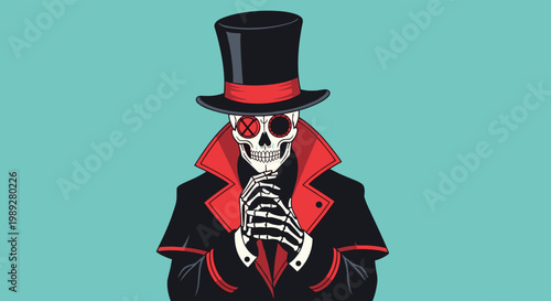 Mysterious skeleton character dressed in a stylish black top hat and a red-lined tuxedo coat, posing with fingers together thoughtfully.
