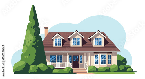 Beautiful suburban family home with a brown roof and white siding is surrounded by green lawn, bushes, and a tall evergreen tree.