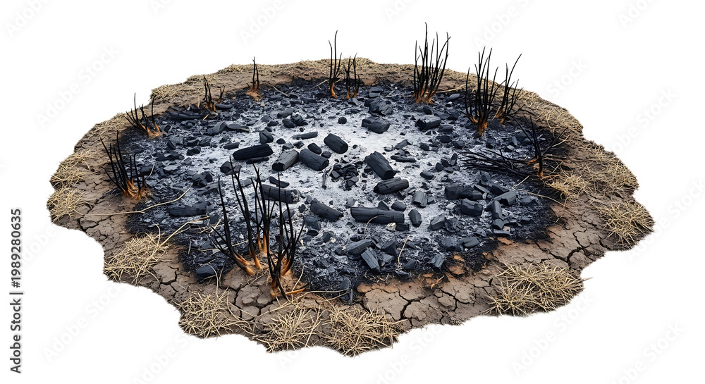 Fototapeta premium Isolated burnt patch of earth, black ash, and charred plant remains on dry ground after a fire