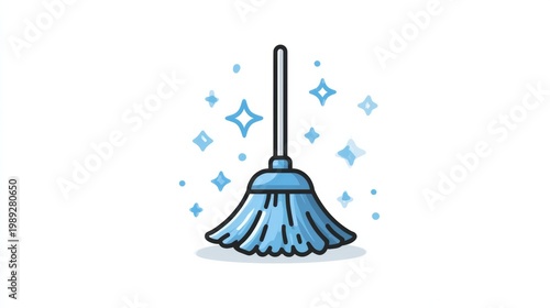 Cartoon illustration of a blue broom with sparkling clean effects