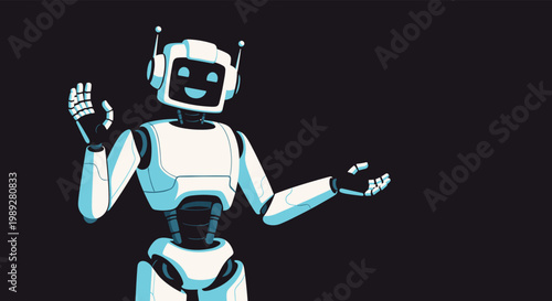 Friendly robot with a digital face display waves one hand and gestures forward against a solid dark background.