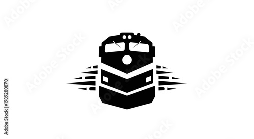 Black and white train logo with motion lines.