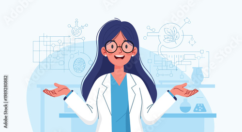 Female scientist in a white lab coat and glasses stands with her hands open in front of laboratory equipment graphics.