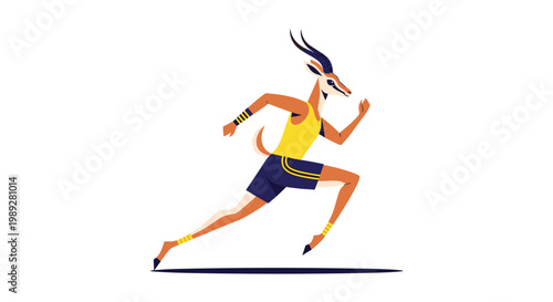 Athletic antelope character wearing a yellow tank top and blue shorts runs fast in a side view illustration.