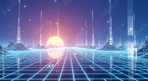 Neon Grid Cityscape with Glowing Sunset.