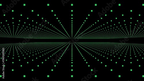 A seamless  loop of a futuristic green particle grid tunnel. This abstract motion graphic features a steady perspective movement, ideal for technology, cybersecurity, data visualization, or science fi